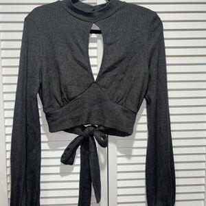 Windsor Charcoal Ribbed Cut-Out Tie-Back Crop Top